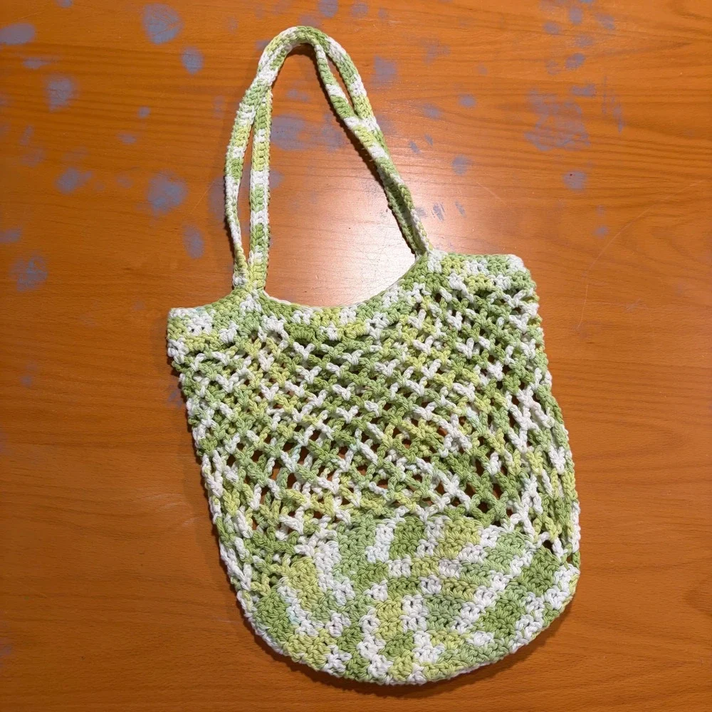 Handmade‎ Crochet Market Bag Green White Variegated Mesh Net Tote Boho Cotton